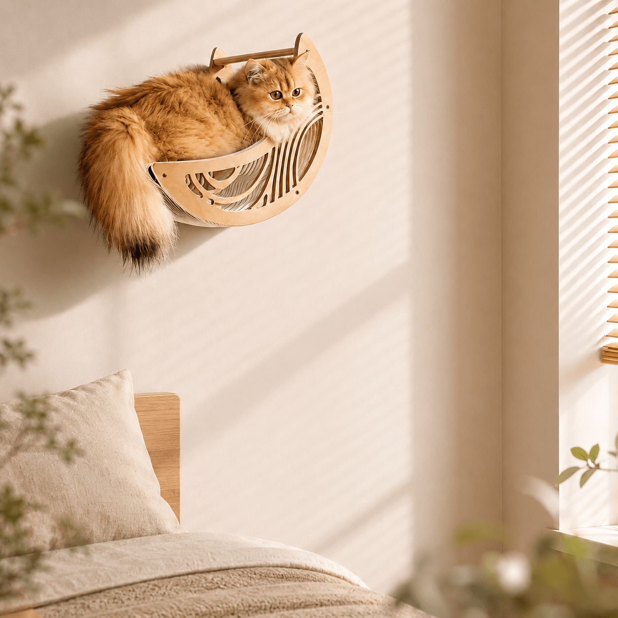 Grand chat installé confortablement dans un panier mural chat design en bois naturel