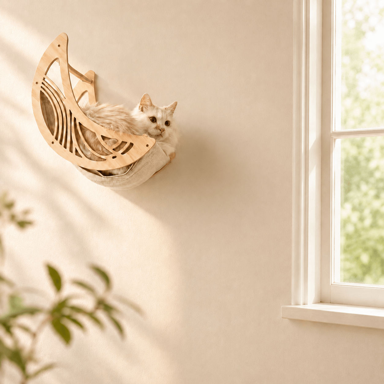 Panier mural chat installé près d'une fenêtre offrant un espace de repos en hauteur.