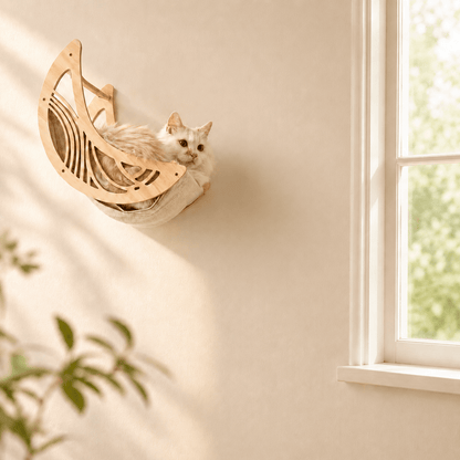 Panier mural chat installé près d'une fenêtre offrant un espace de repos en hauteur.