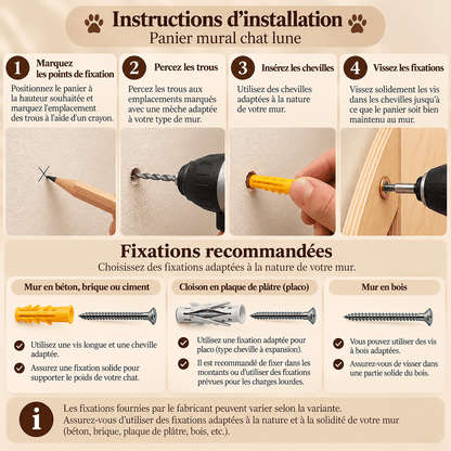 Guide de pose du panier mural chat lune avec quatre étapes de fixation et conseils pour murs en béton, placo et bois