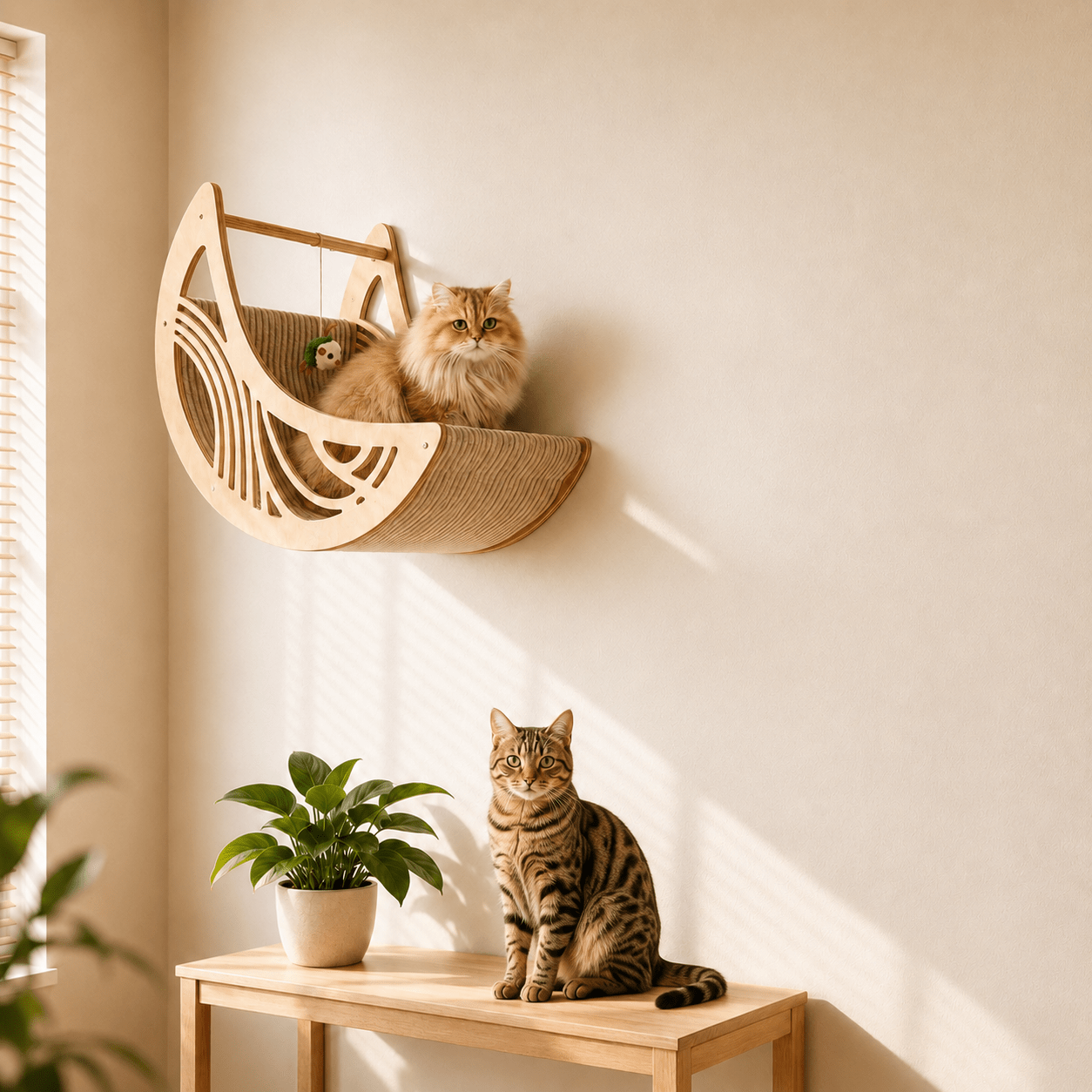 Panier mural chat en bois fixé au mur avec deux chats dans un intérieur lumineux