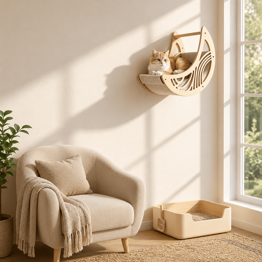 Panier mural chat design en bois installé dans un salon moderne avec un chat confortablement allongé